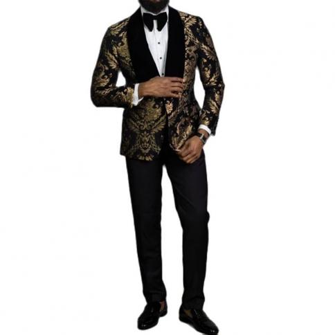 2 Piece Black Floral Jacquard Prom Men Suits Slim Fit With Velvet Shawl Lapel Wedding Groom Tuxedo Male Fashion Clothes 