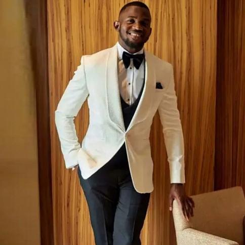 White Wedding Tuxedo For Prom Men Suits 3 Piece Jacket Vest With Black Pants Slim Fit African Fashion Clothes Set Costum