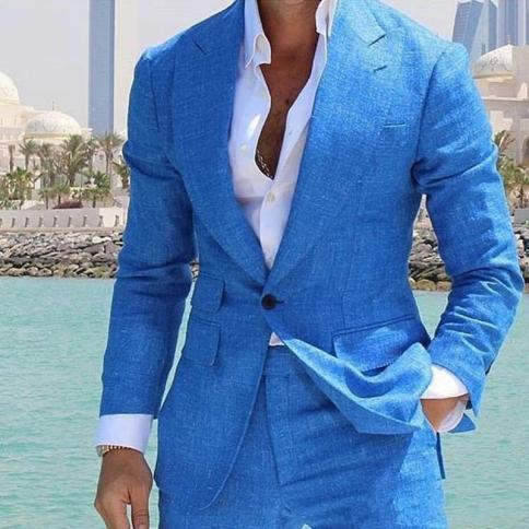 Suits Blue Linen Peaked Lapel One Button Wedding Tuxedos Summer Beach Costume Groom Wear Formal Best Man Blazer (jacket+