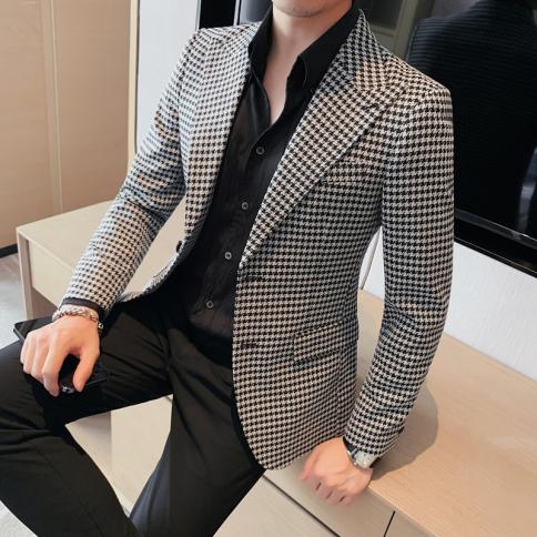 Giacca sportiva scozzese da uomo nuova 2023 Slim Fit giacca monopetto casual in blazer design pied de poule bianco e nero