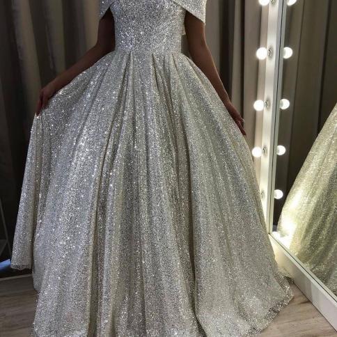 2023 Off The Shoulder Silver Sequins Evening Dress Elegant Ball Gown Sweetheart Prom Formal Party Gowns Plus Size Custom