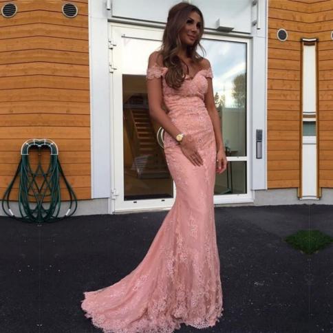 Elegant Evening Dresses 2023 Pink Off The Shoulder Mermaid Lace Sequin Beading Pageant Pom Formal Gowns With Appliques C