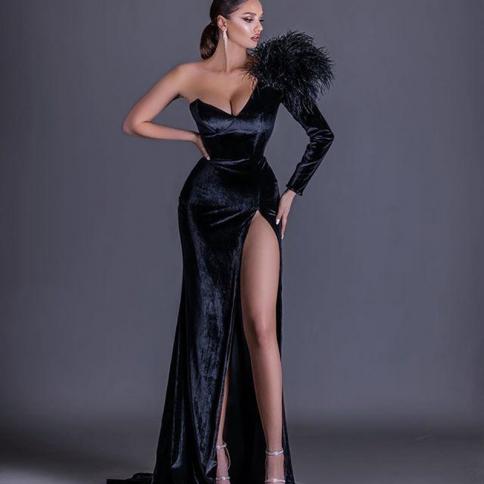 Black Velour Mermaid Evening Dress One Shoulder Feathers Long Sleeve  Side Split Vestidos De Noche Formal Prom Pageant G