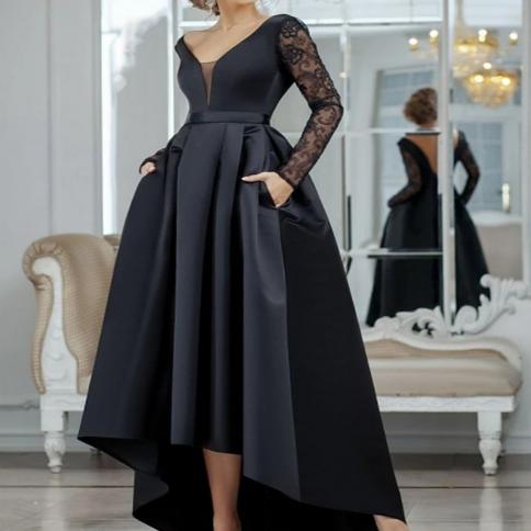 Elegant Black V Neck Long Sleeves Evening Dress Hi Lo Train Lace Satin Formal Prom Party Gowns Robe De Soriee With Pocke