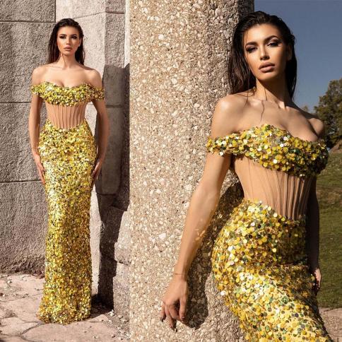 Sparkly Mermaid Evening Dresses Off The Shoulder Sequined Formal Prom Gowns Custom Made Long Womens Party Dress Robes De