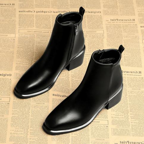 Women Casual Business Party Formal Dress  High Heel Boots Black Cow Leather Shoes Point Toe Ankle Boot Zapatos De Mujer 