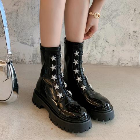 Mid Calf Chunky Boots Women 2022 New Retro Patent Leather Thick Soled Increased Motorcycle Boots Women Platform Zipper S
