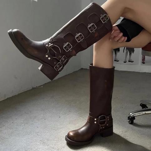 Women Platform Combat Boots Zip Chunky Heel Metal Buckled Vintage Fashion Casual Luxury Designer Western Mid Calf Boots 
