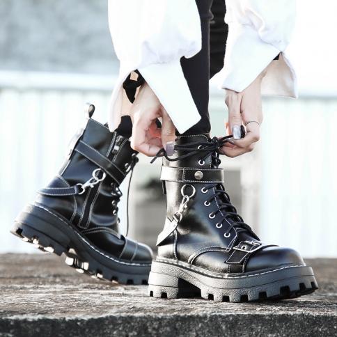 Women's Height Increasing Punk Boots New Lace Up Buckled Thick Soled Short Boots Motorcycle Boots Elastic Stockings Boot