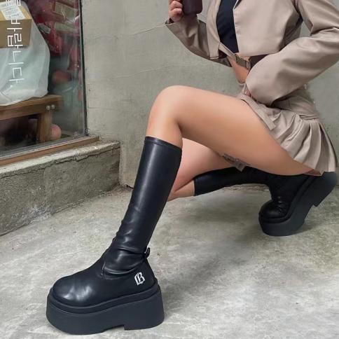 Women Gothic Platform Chunky Boots Shoes For Women Round Toe Slip On Mid Calf Combat Motorcycle Boots Black Punk Long Bo