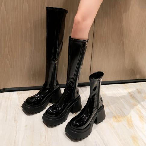 Women Boots New Fashion Patent Leather Round Toe Shiny Chunky Platform Ankle Boots Knee High Boots Long Boots Botas Feme
