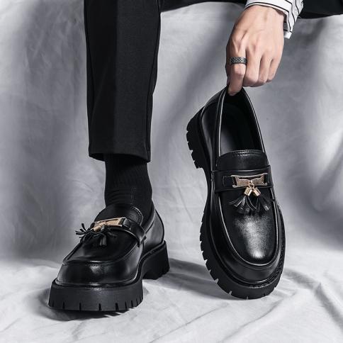 New Black Loafers For Men Tassels Round Toe Slip On Spring Autumn Business Men Formal Handmade Size 38 44