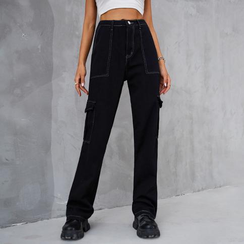 High Waist Women's Jeans Retro Loose Casual Fashion Street Style Elastic Waist Denim Cargo Pants 2023 Ladies Black Trous