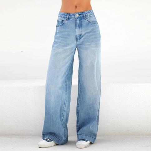 Y2k Women's Blue Jeans Fashion Casual Street Style Retro Mid Rise Wide Leg Pants Classic Loose Plus Size Ladies Denim Tr