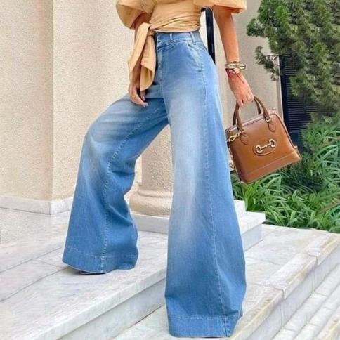 Denim Jeans Women Fashion Flared Pants 2023 New Bleached Wide Leg Jeans Streetwear Women Denim Trousers Washed Blue Long