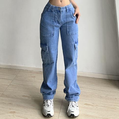 Fashion Work Jeans 2023 Versatile Multi Pocket Overalls Loose Casual Denim Pants Straight Leg Jeans Retro Blue Denim Tro