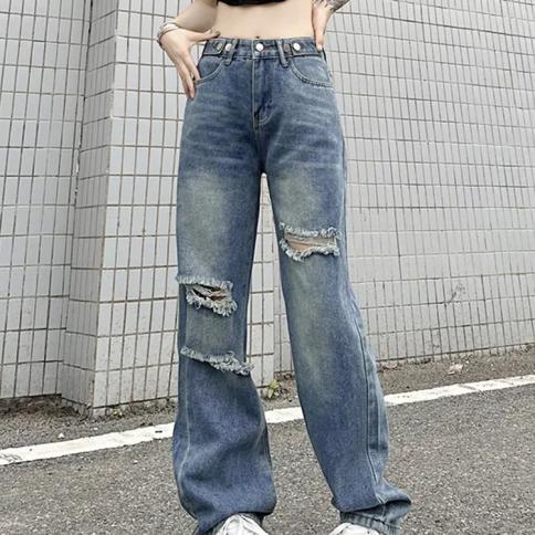 zoki y2k hole ג'ינס לנשים בגדי רחוב רטרו גבוה מותן מכנסי ג'ינס ישרים harajuku היפ הופ רחב Bf מכנסיים רחבים חדש