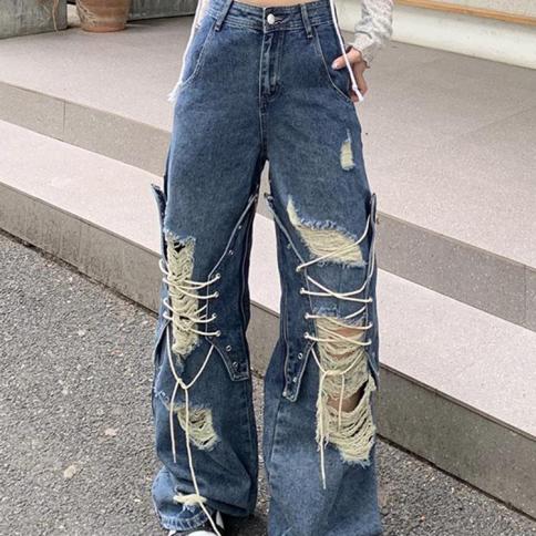 זוקי היפ הופ חור ג'ינס נשים בגדי רחוב רטרו רפויים מכנסי ג'ינס y2k מותן גבוה סתיו קז'ואל מכנסיים Harajuku Bf חדש