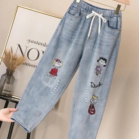 זוקי קרוע מותן גבוה מכנסי ג'ינס לנשים במידות גדולות רקמת וינטג' מכנסיים אלסטיים באורך קרסול מותן
