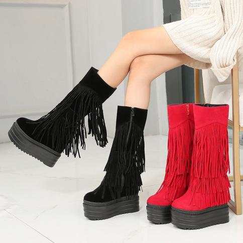 Nightclub Stovepipe  Fringed Women's Boots 2022 Winter 13cm Thicksole Increase Within Middle Tube Boots Wedges Women Boo
