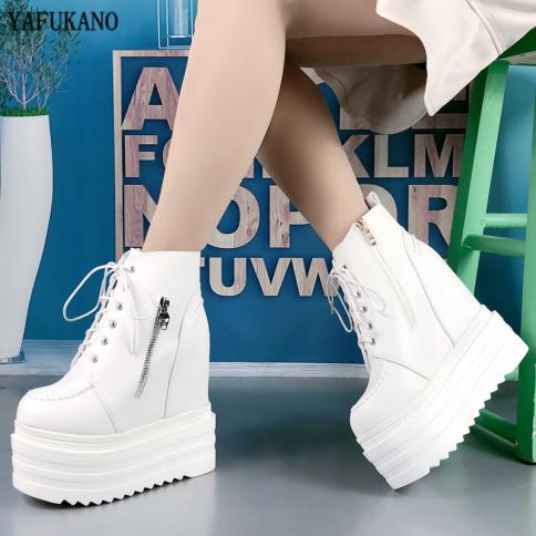 British Style Women Boots Fashion Within Increase Womens Ankle Boots Platform Laceup Motorcycle Boots 14 Cm Wedges High 