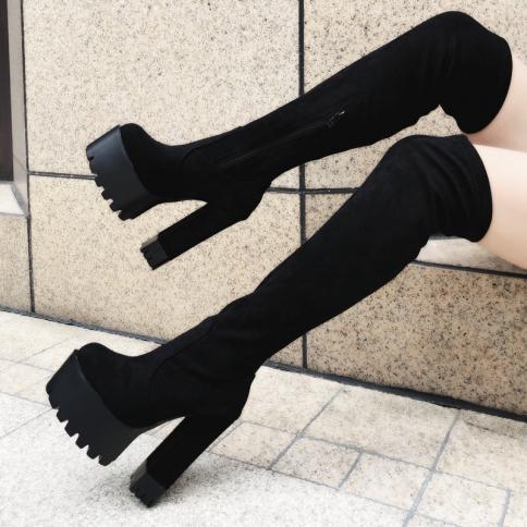 14cm Super High Heels Overtheknee Boots Winter New Long Boots Flock Square Heel Stovepipe Stretch High Tube Boots Womens
