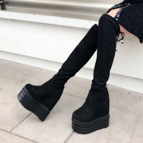 Increase Within Wedges Long Boots High Heel Women's Stovepipe Boots Waterproof Platform Overtheknee Boots  High Boots 39