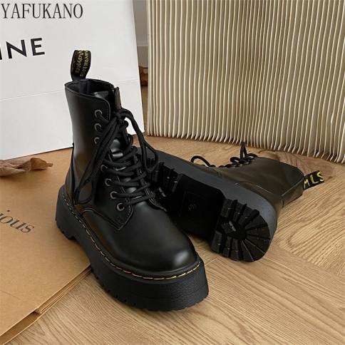 Minimalist Front Laceup Combat Boots 5cm Chunky Heel Platform Women Ankle Boots Thick Sole Increase Height Motorcycle Bo