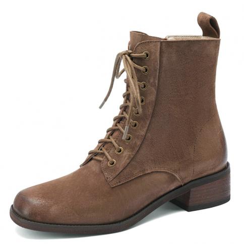 Botines de punta cuadrada para mujer, zapatos de tacón grueso de piel de ante para invierno, zapatos de tacón grueso con cordone