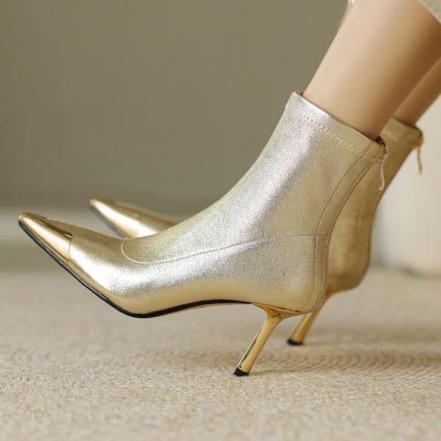 נשים מגפיים קצרים דקים עקבים גבוהים מתכת מחודדת נעליים אלגנטיות אישה סתיו חורף מסיבת משרד גברת חדשה