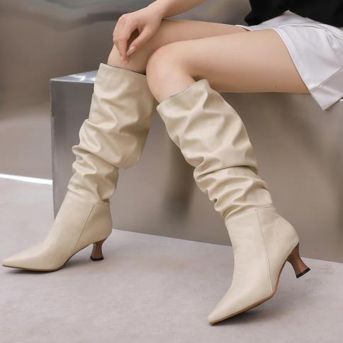 2024 جديد طيات الركبة أحذية امرأة موضة جديدة أشار تو أحذية سيدة اليومية أحذية طويلة 5 سنتيمتر عالية الكعب أحذية النساء حجم 43