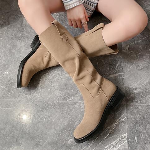 2024 Women Knee High Boots Autumn Winter Thick Low Heels Genuine Leather Shoes Woman High Motorcycle Boots Size 34 40