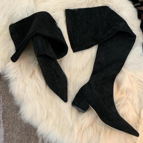Brand Design Women Over The Knee Boots Newest Pointed Toe Thick Heels Cow Suede Leather Shoes Woman Fashion Popular Casu