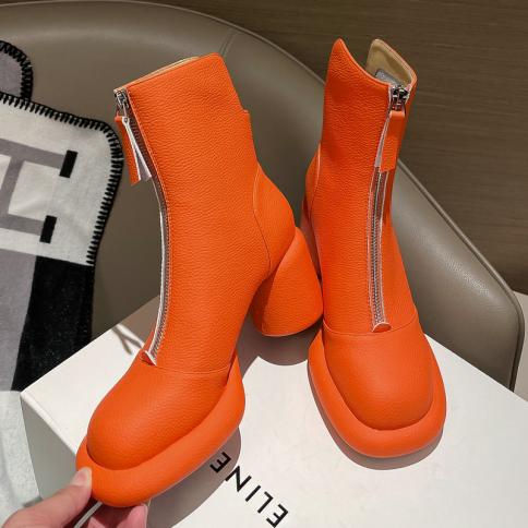 Orange Boots Women's Genuine Leather  Women's Ankle Boots Genuine Leather  2023 New  