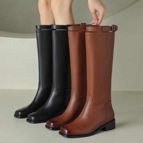2024 Low Heels Women Knee High Boots Autumn Winter Square Toe Shoes Woman Genuine Leather Office Lady Size 34 43