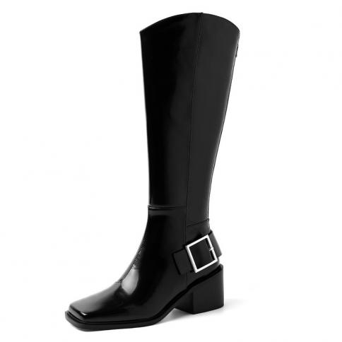 2023 Women Knee High Boots Autumn Winter Fashion Buckle Genuine Leather Square Toe High Heels Casual Party Shoes Woman  