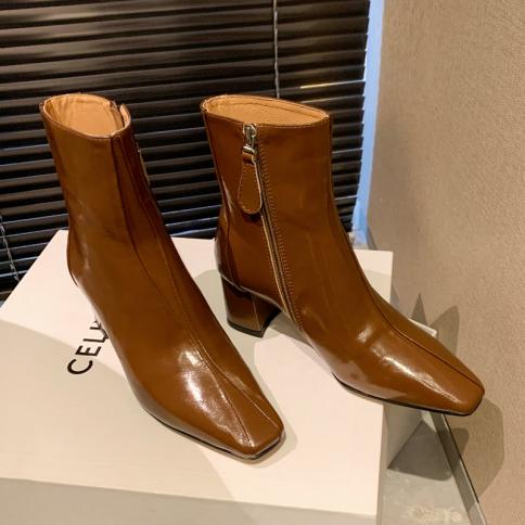 2023 Autumn Winter Basic Women Ankle Boots Office Ladies Dress Casual Genuine Leather Square Toe High Heels Shoes Woman 