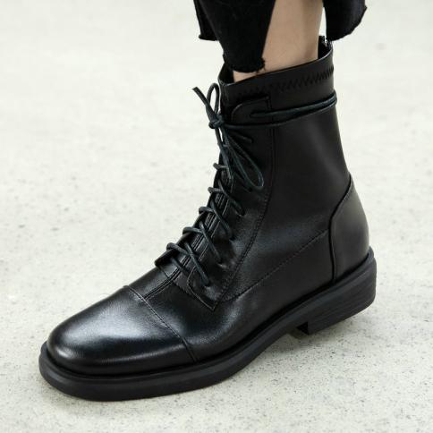 Cross Tied Shoes Woman 2024 Newest Low Heels Ladies Motorcycle Boots Female Genuine Leather Ankle Boots Working Casual B