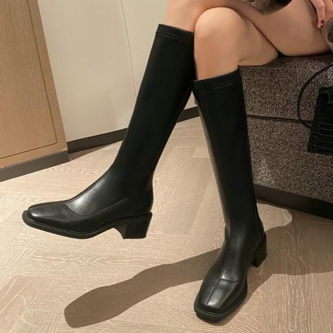 Genuine Leather Ladies Knee High Boots Back Zipper High Heels Spring Autumn Casaul Dress Shoes Woman Size 34 40