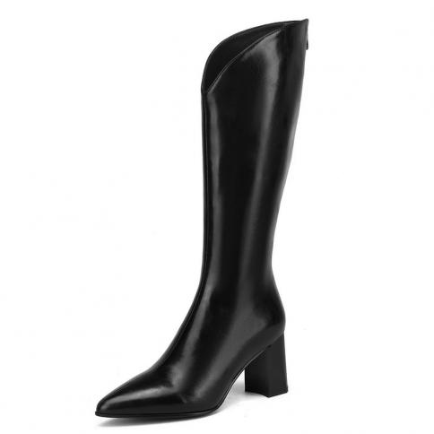 Fashion Women Knee High Boots Poined Toe High Heels Back Zipper Party Casual Genuine Leather Shoes Woman Size 34 40