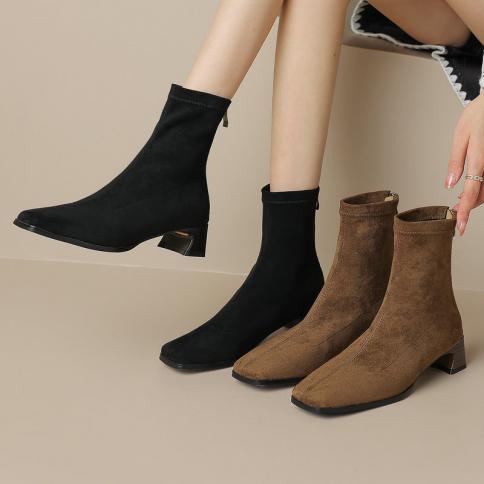 Women Ankle Boots Med Heels Cow Suede Leather Square Toe Office Lady Autumn Winter Back Zipper Shoes Woman Size 34 42