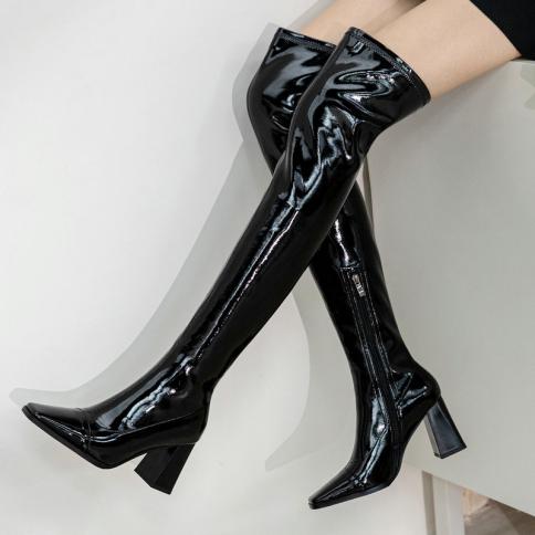 Genuine Leather High Heels Women Over The Knee Boots Autumn Winter Square Toe Night Club Party Shoes Woman Pumps Size 42
