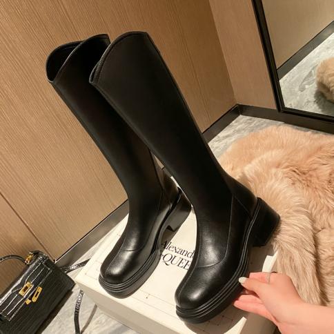 Genuine Leather High Heels Platform Women Knee Boots Spring Autumn Casaul Motorcycle Shoes Woman Size 34 42