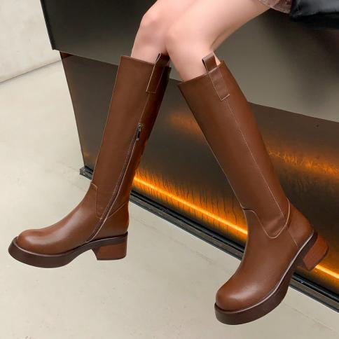 2024 Genuine Leather Basic Women Knee High Boots Autumn Winter Fashion Med Heel Zipper Long Shoes Woman Size 34 40