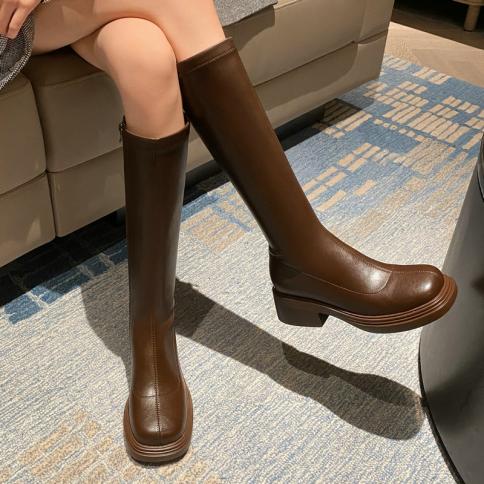 Genuine Leather Med Square Heels Platform Women Knee High Boots Spring Autumn Casaul Motorcycle Shoes Woman Size 34 42