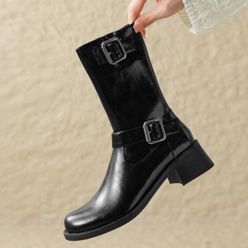 2024 Women Genuine Leather Mid Calf Boots Thick Med Heels Round Toe Casual Office Party Shoes Woman Autumn Winter Size 3
