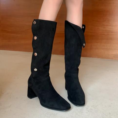 2024 Square Toe High Heels Women Knee Boots Suede Leather Autumn Winter Party Casual Shoes Woman Size 34 40