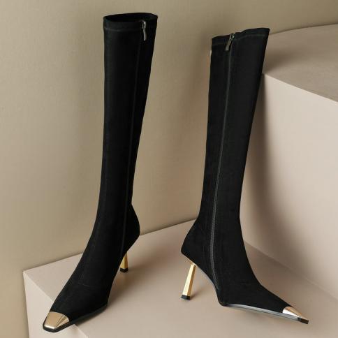 Women Knee High Boots Autumn Winter Thin High Heels Pointed Toe Mature Cow Suede Leather Office Lady Shoes Size 34 42