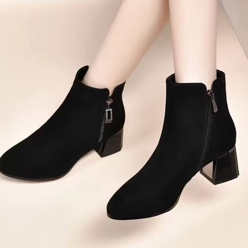 Women Ankle Mid Heels Chelsea Boots Winter Suede Warm Chunky Retro Boots 2023 New Trend Pointed Toe Platform Zipper Femm