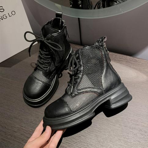 Motorcycle Boots Lace Up Goth Ankle Women Shoes 2023 New Mid Heels Winter Boots Snow Chunky Casual Gladiator Chelsea Boo
